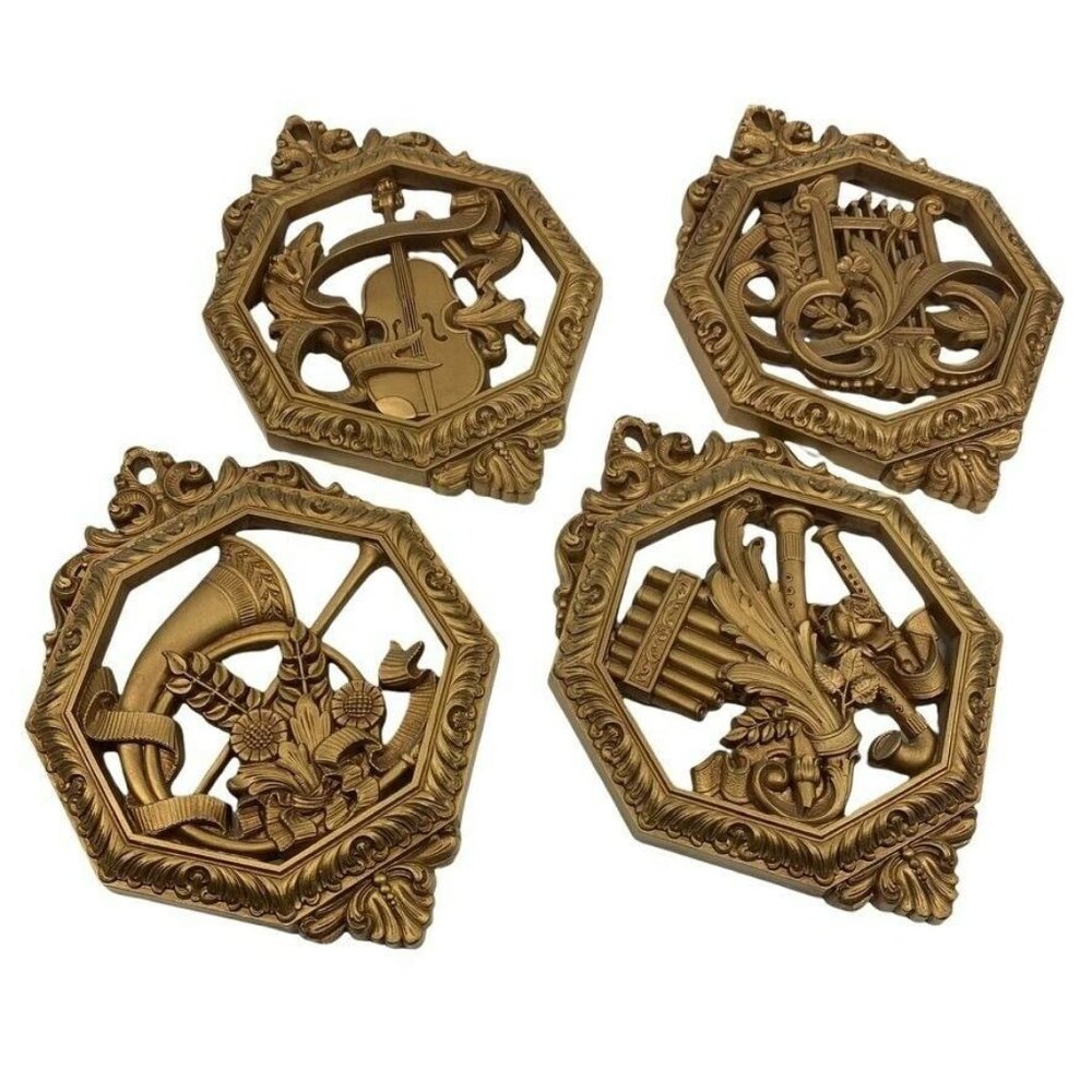 Homco Set of 4 Musical Instrument Wall Hangings Plaques Vintage‎ 1976 Cello Harp